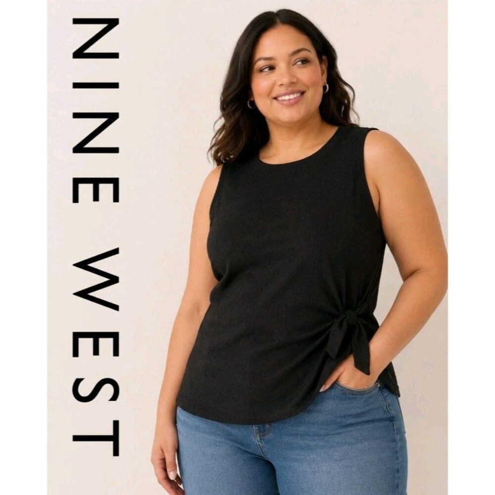 Nine West Womens XXL Minimal Side Tie Casual Career Sleeveless Texture Black Top